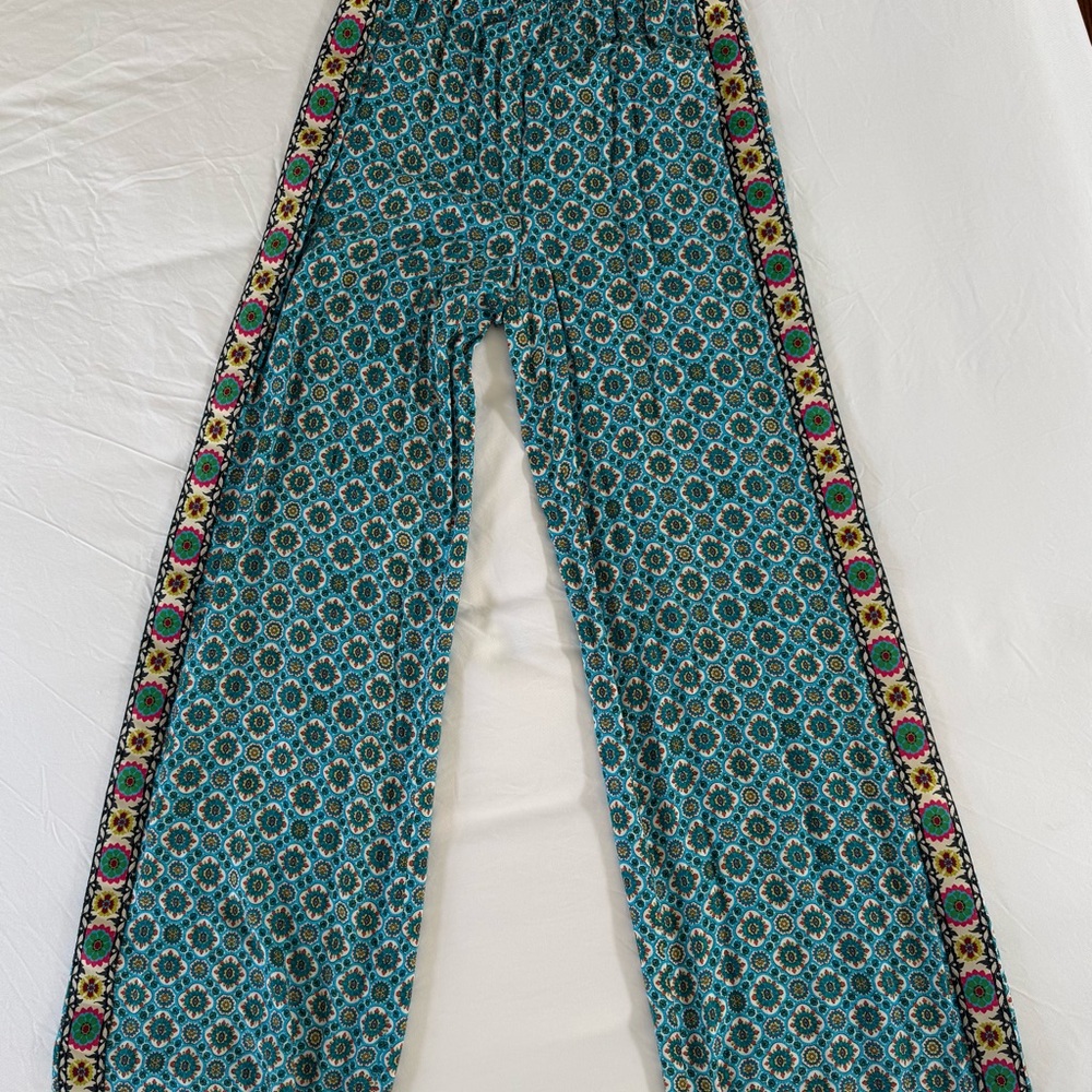 Teal Floral Pattern Wide Leg Pants with Decorative Side Trim- small/ petite